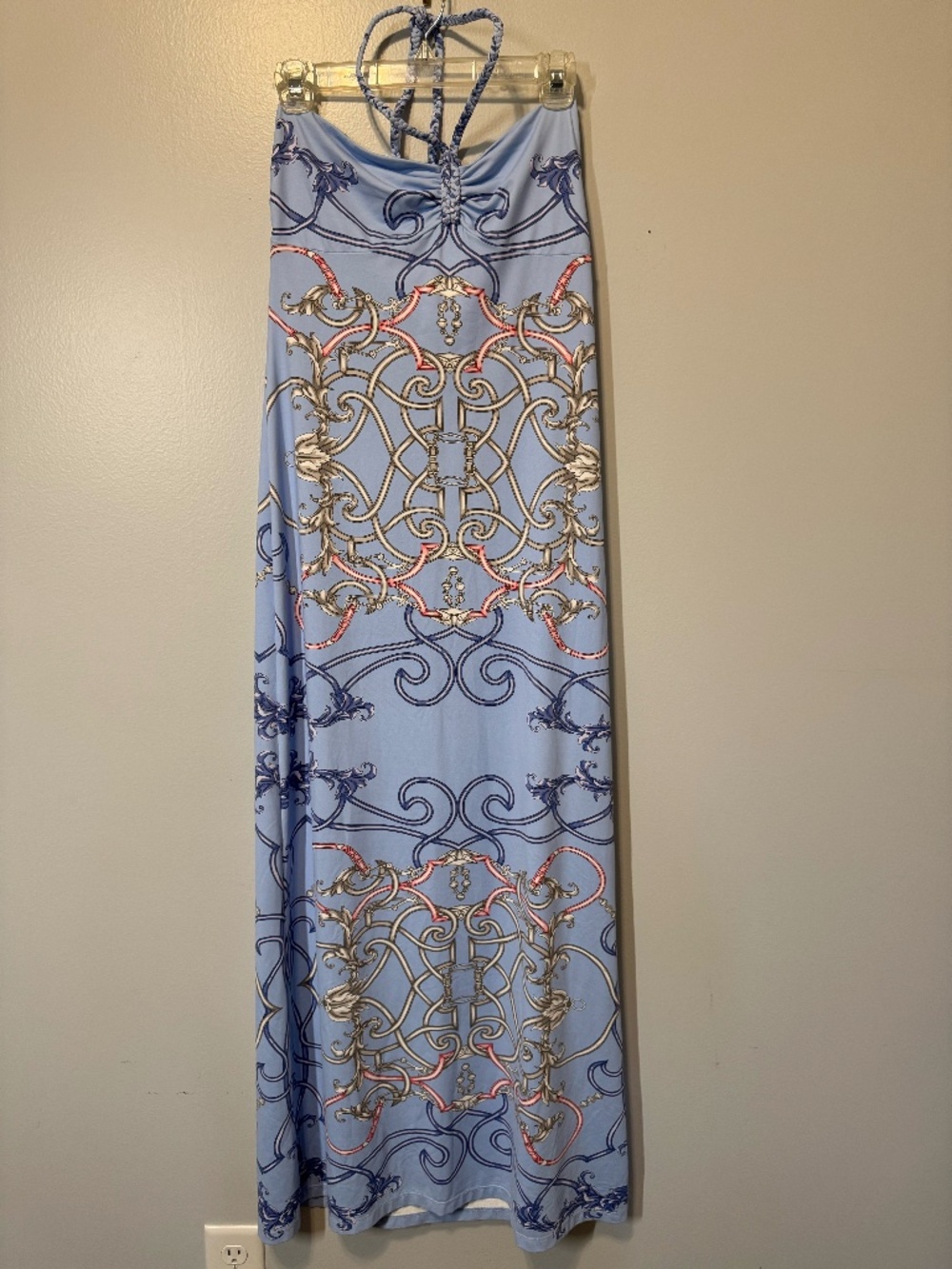 J. McLaughlin Blue Equestrian Scarf Print Halter Maxi Dress Size S Resort - Picture 2 of 11